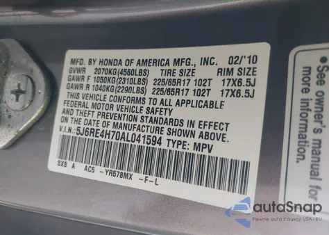 2010 Honda Cr-V Ex-L from USA, damaged, VIN 5J6RE4H70AL041594